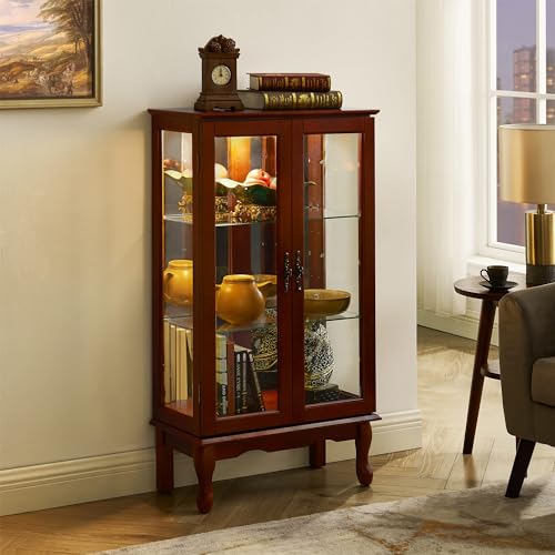 Living Room Display Country Tuscan Wall Curio Display and Storage Cabinet,Cabinet with Adjustable Shelves and Mirrored Back Panel