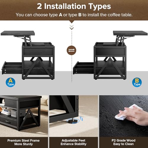 40" Lift Top Coffee Table,4 in 1 Multi-Function Lift Coffee Tables with Storage Drawers and Hidden Compartmen