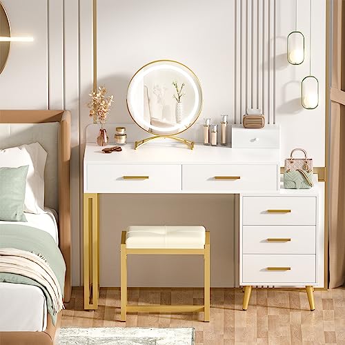 White Vanity Desk with Mirror and Lights, Modern Makeup Vanity Table Set with 6 Storage Drawers and Cushioned Stool for Bedroom