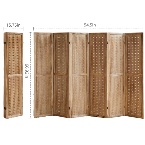 4 Panel Room Dividers and Folding Privacy Screens, 5.6Ft Wooden Pegboard Display, Privacy Dividers for Bedroom