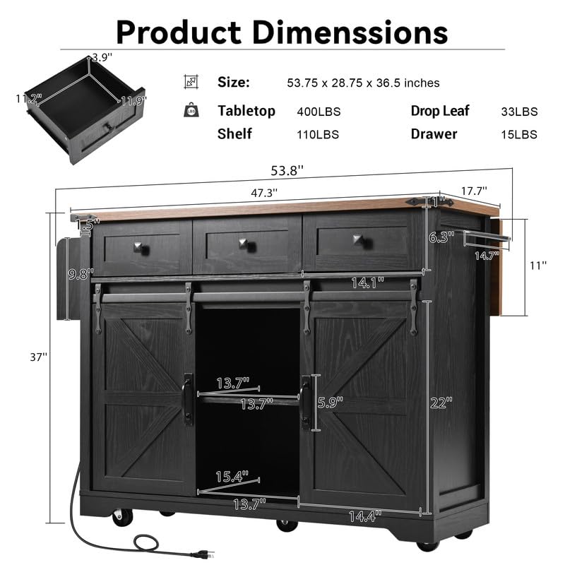 53.7" Farmhouse Kitchen Island with Power Outlet, 2 Sliding Barn Door Kitchen Storage Island with Drop Leaf