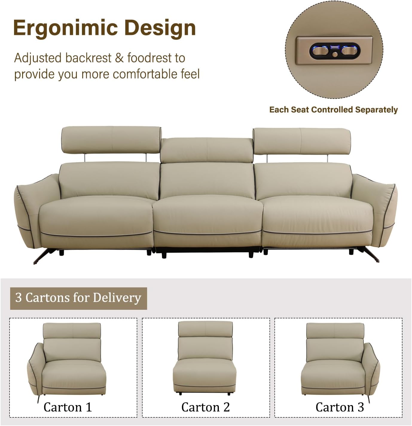 Power Reclining Sofa, Top Grain Leather Recliner Couch, 114.5" Wide Leather Sofa with USB Port for Living Room (Beige)