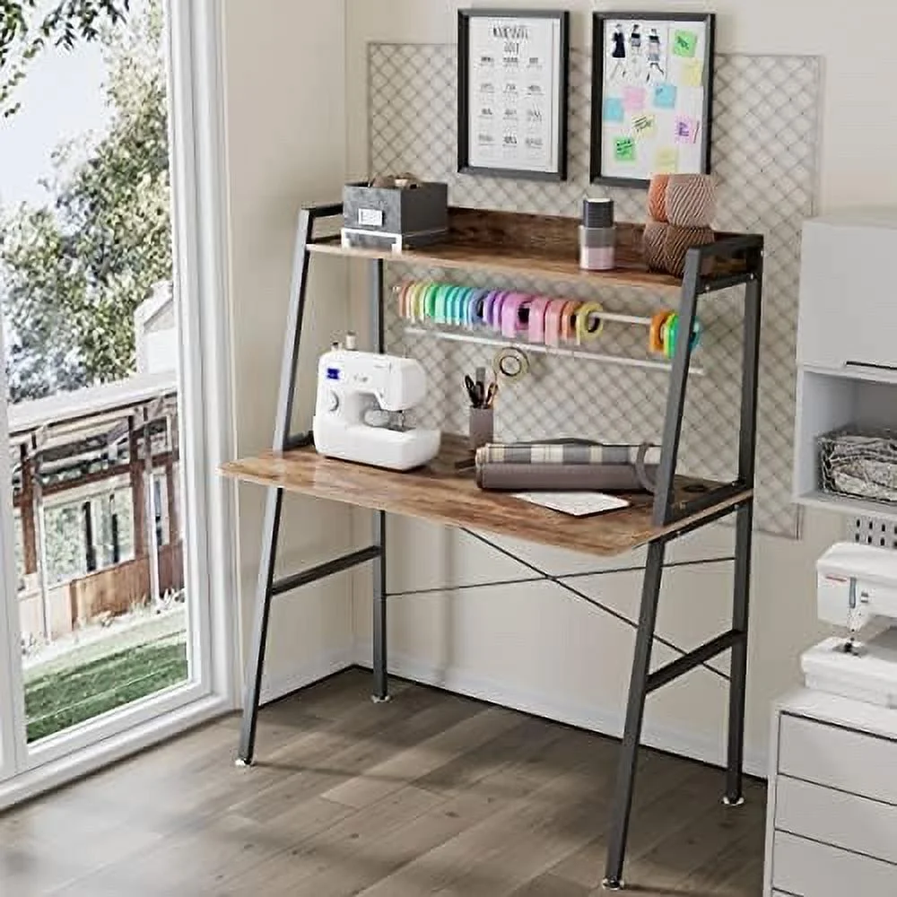 Small Computer Ladder Desk with  Shelves  43 Inch 2-Tier  Office Students Study Writing PC Gaming Table with Bookshelf  Workstation for Space Saving
