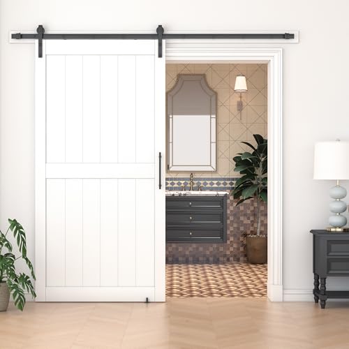 36 in x 84 in White Sliding Barn Door with 6FT Hardware Kit, Floor Guide and Handle Included, Waterproof PVC Surface, Pre-Drilled Holes Easy Assembly