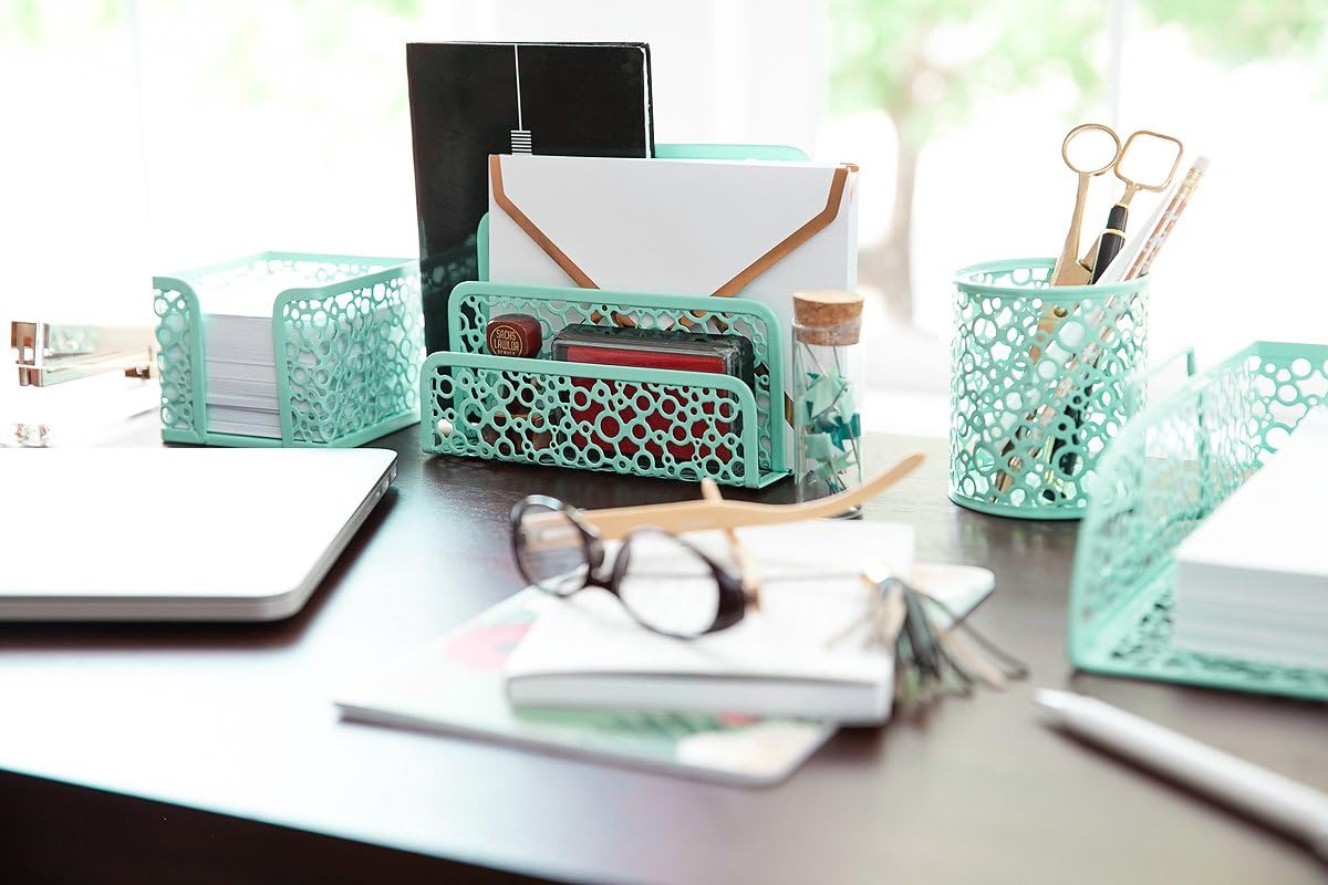 Blu Monaco Office Supplies Mint Green Desk Organizers and Accessories-5 Piece Cute Desk Organizer Set-Letter Tray-Pen Cup-Sticky Note Holder-Business