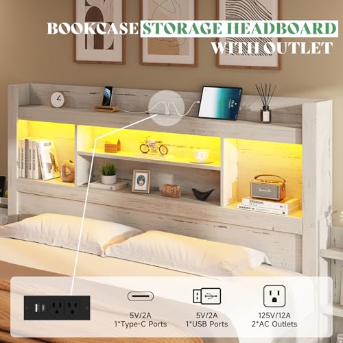 AMERLIFE Queen Bed Frame with 4 Storage Drawers, LED Platform Bed with 49" Bookcase Headboard