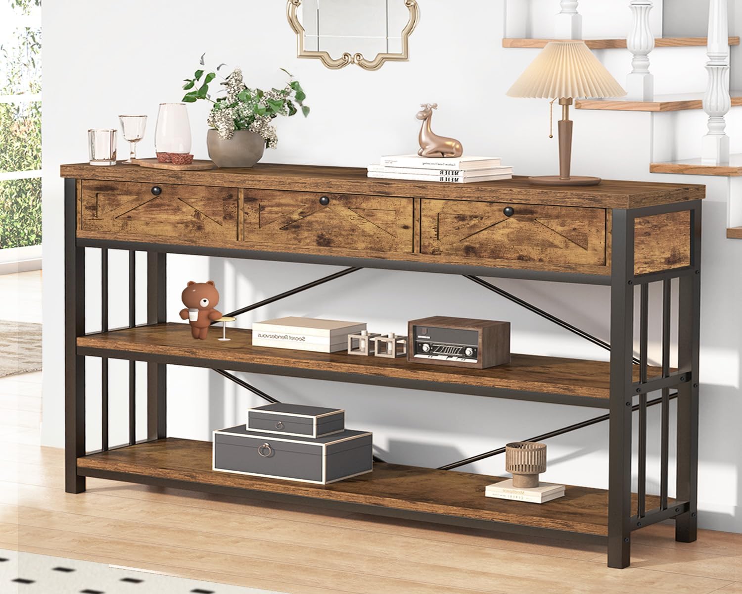 HSH Entryway Console Table with 3 Drawers, Wood Metal 3 Tier Sofa Table with Storage Shelf for Hallway