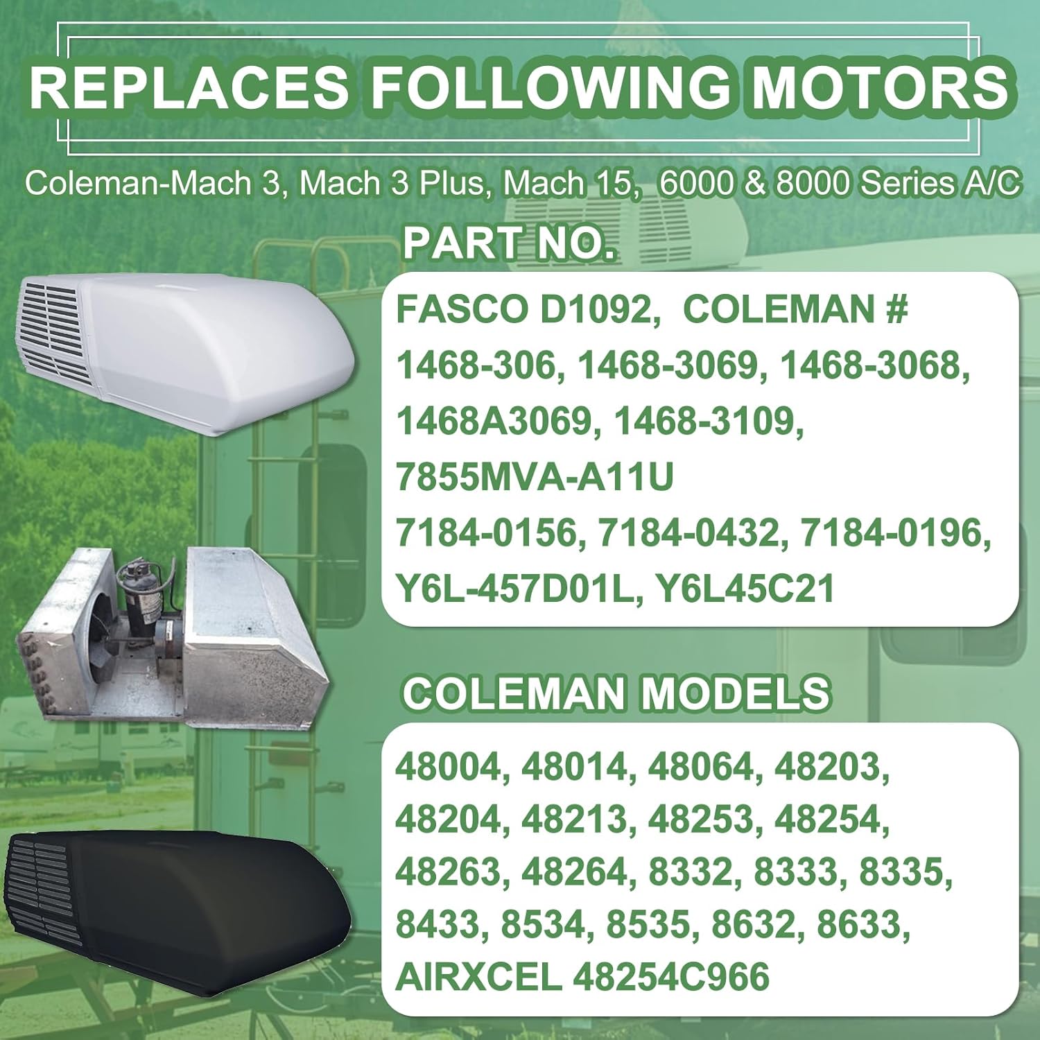 RV Air Conditioner Motor with Capacitor, Direct Replacement for Coleman Mach RV AC Fan Motor, Replaces Fasco D1092, 1/3 HP, 115 Volts, 1675 RPM