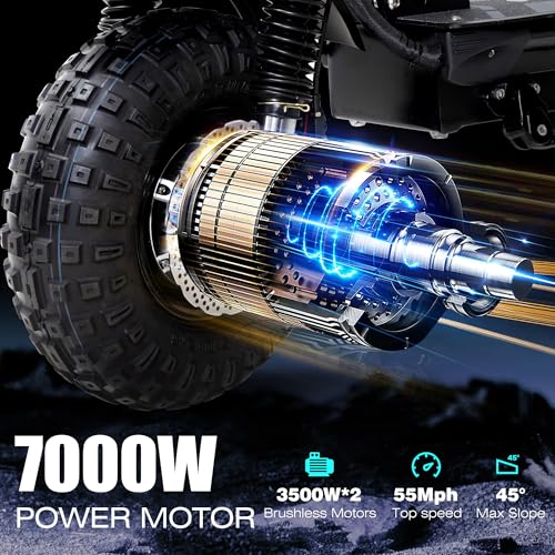 Electric Scooter Adult 7000W Brushless Motor Up to 55 MPH, 60V 33Ah Li-Ion Battery Range 65+ Miles, 13 "All Terrain Tires