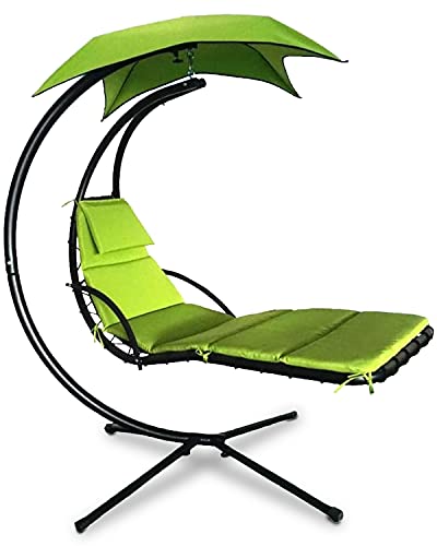 Hammock Chair Hanging Chair Lounge Chairs Outdoor Porch Swing Arc Stand with Canopy Umbrella and Pillow, 280 LBS Capacity