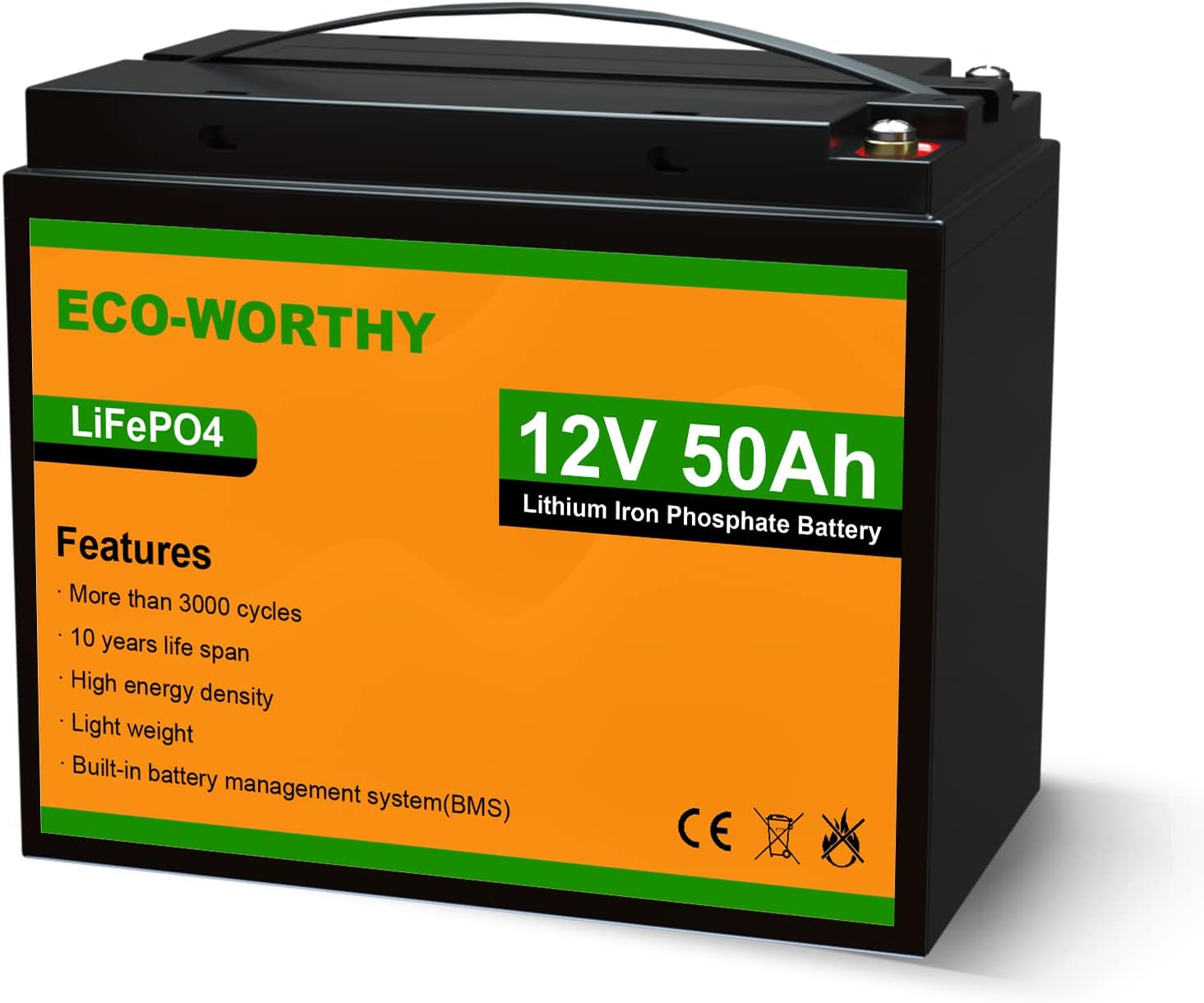 ECO-WORTHY 12V 50Ah LiFePO4 Lithium Battery 3000+ Cycles Rechargeable Iron Phosphate Battery Built-in BMS, Perfect for Travel Trailer, RV, Marine