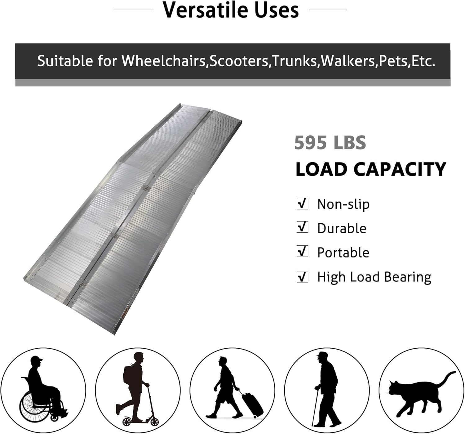 Wheelchair Ramps 8FT Folding Portable Traction Antiskid Aluminum Loading Ramp for Scooters Car Doorways