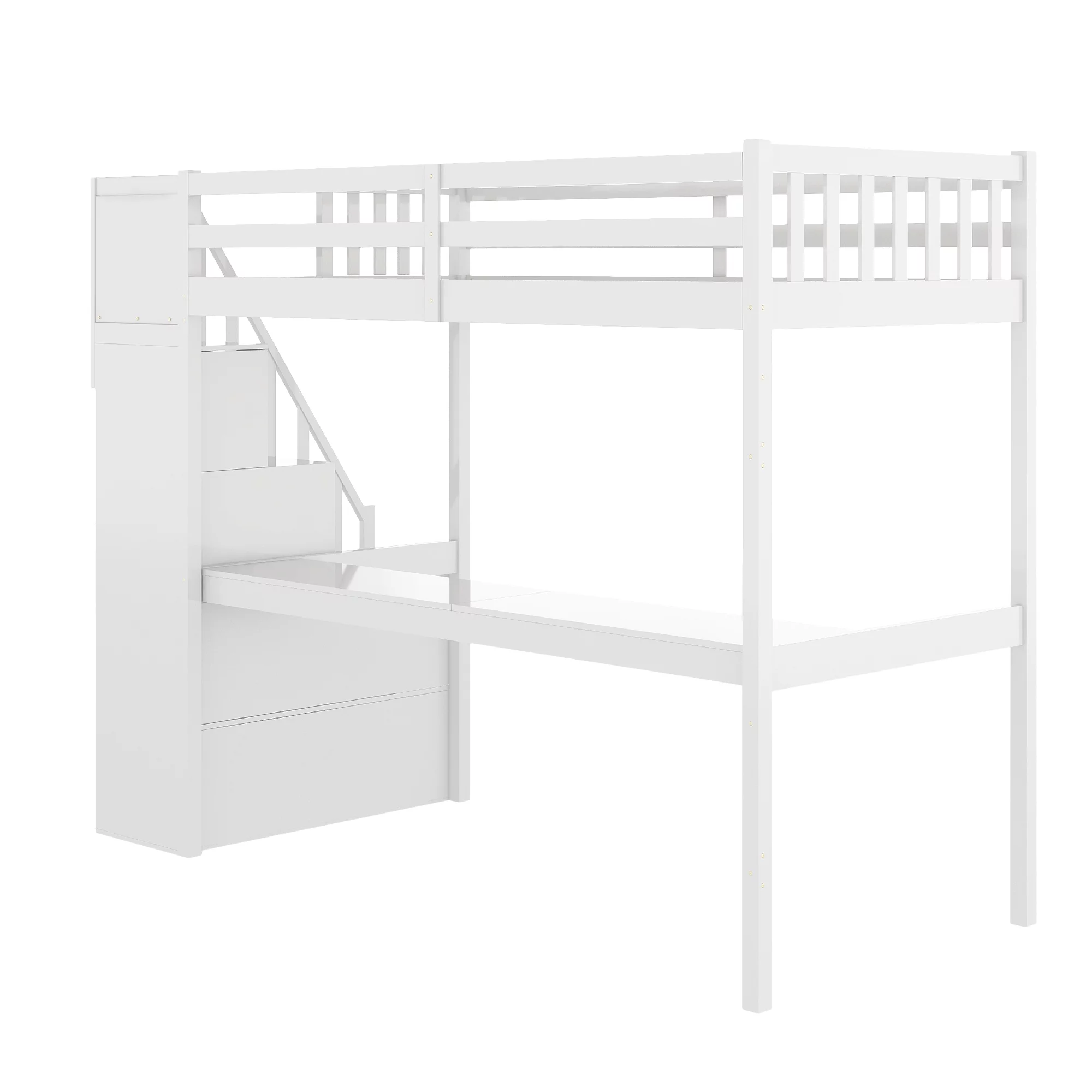 EUROCO Twin Size Loft Bed with Storage Staircase and Built-in Desk, White