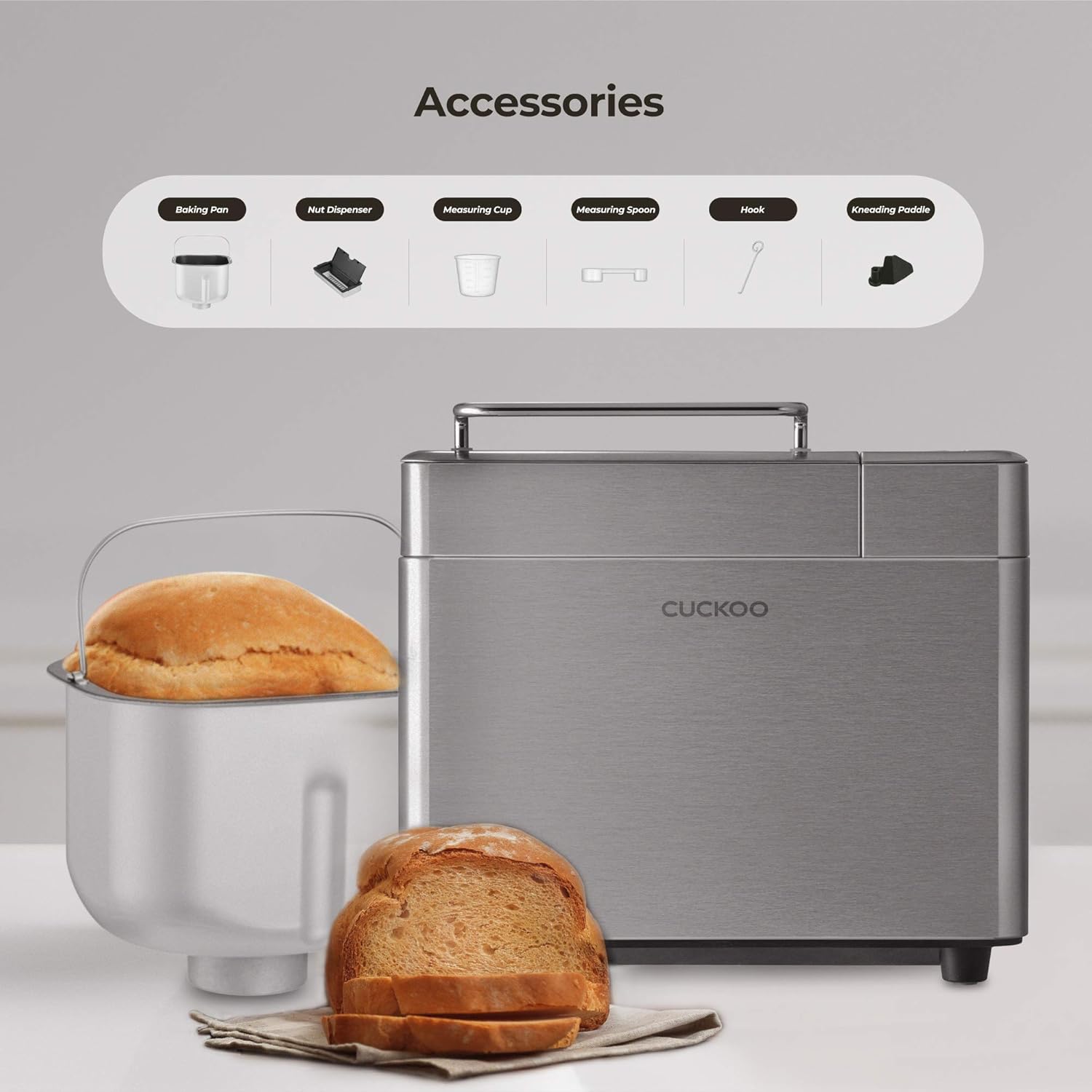 CUCKOO CBM-AAB101S | Multi-Functional Bread Maker | 1 lb, 1.5 lb, & 2 lb. Loaf Options, Crust Color Customization, Auto Fruit & Nut Dispenser