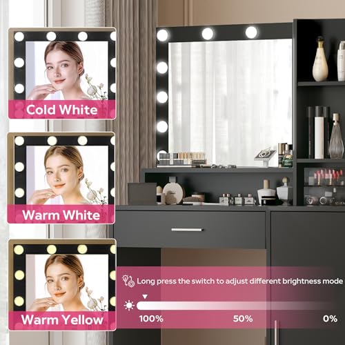 Vanity Desk with Mirror and Light, Large Drawer and Three Level Storage Dresser, 3 Lighting Modes Adjustable Brightness
