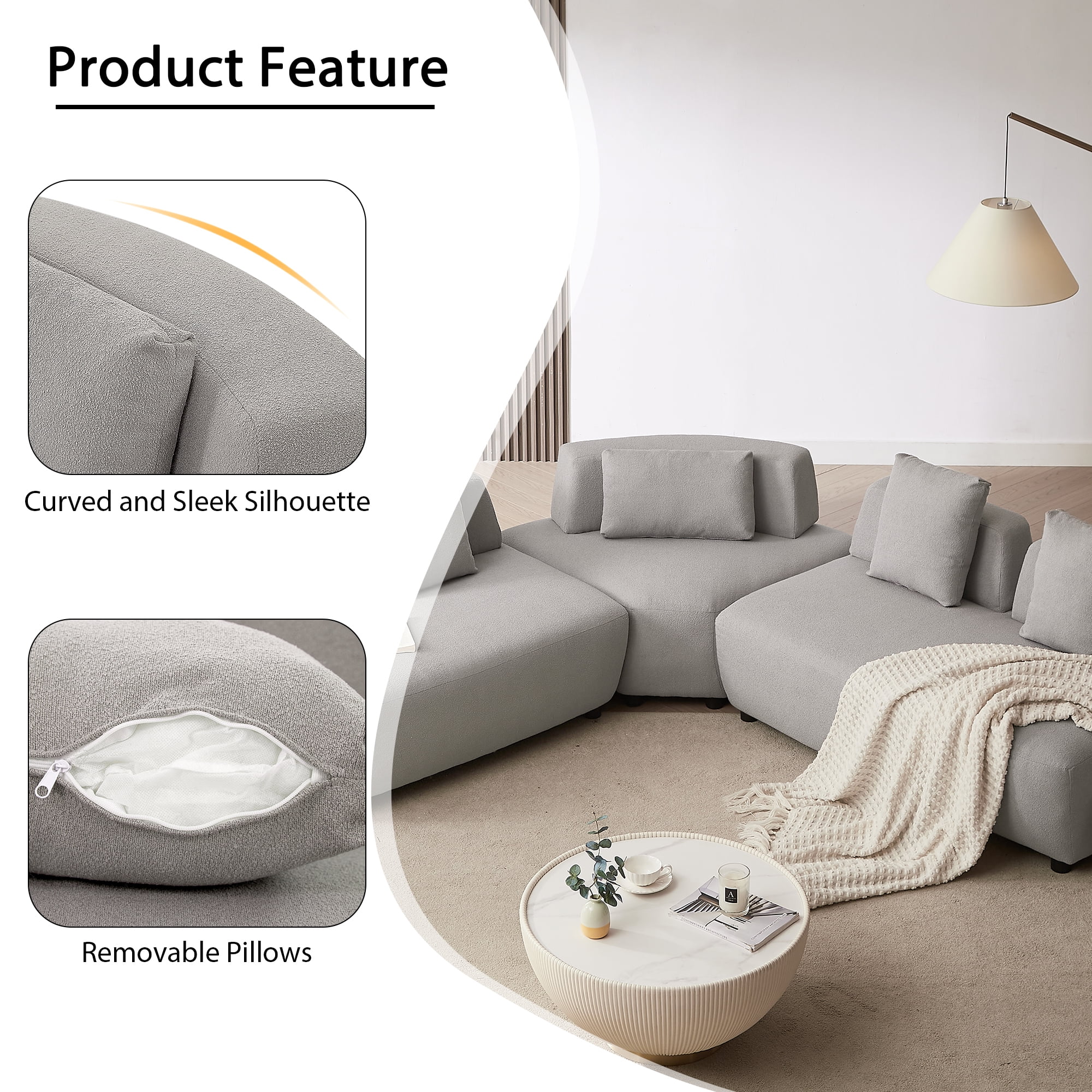 Soges Modern 3-piece Sectional Sofa Free Convertible Sofa with 4 Pillows for Living Room, Gray