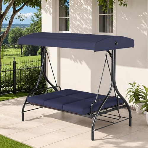 TLSUNNY 3-Seat Outdoor Patio Porch Swing with Adjustable Canopy & Backrest, Convertible Glider Bed with Stand, Removable Seat Cushion