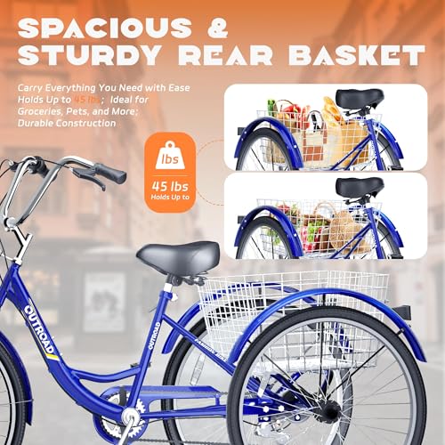 7-Speed Adult Tricycle with Large Basket 24/26 Inch, Stable 3-Wheel Cruise Bicycle for Shopping, Beach and City Trike Perfect for Men, Women