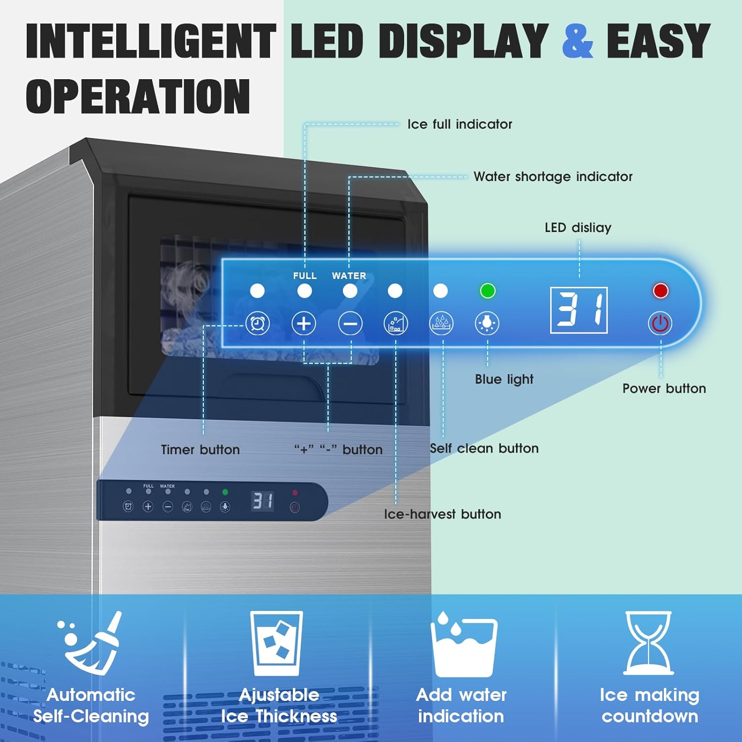 Commercial Ice Maker Machine 100Lbs/24H, Under Counter Ice Maker with Large Storage Bin, 2 Way Water Inlet, 45 Ice Cubes