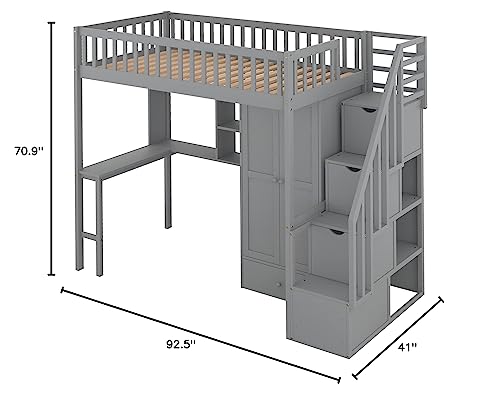 Twin Loft Bed with Staircase, Desk and Wardrobe, Wood Loft Bed with Storage Shelves and Safety Guardrail