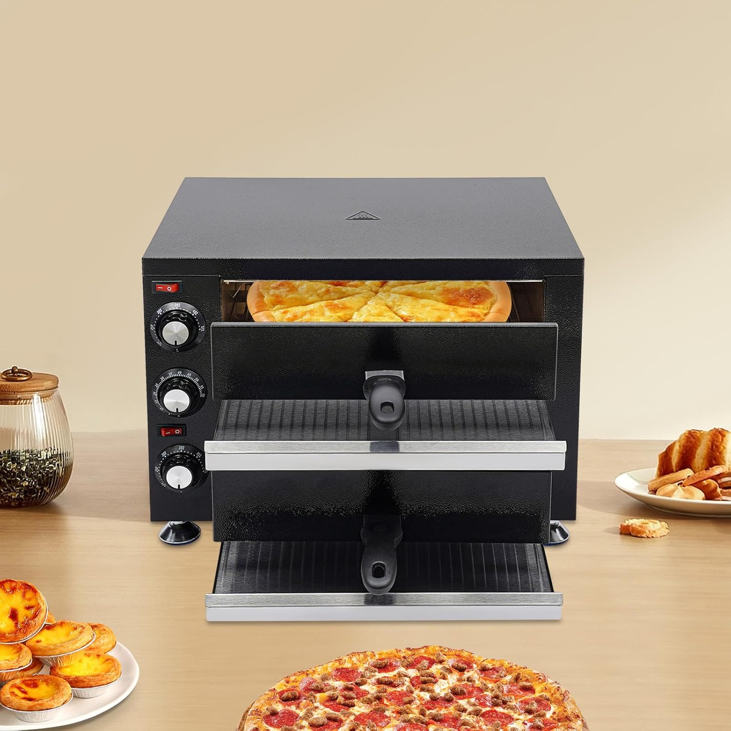 2 Tier Pizza Oven 2200W Stainless Steel Electric Pizza Oven with Trays and Timer