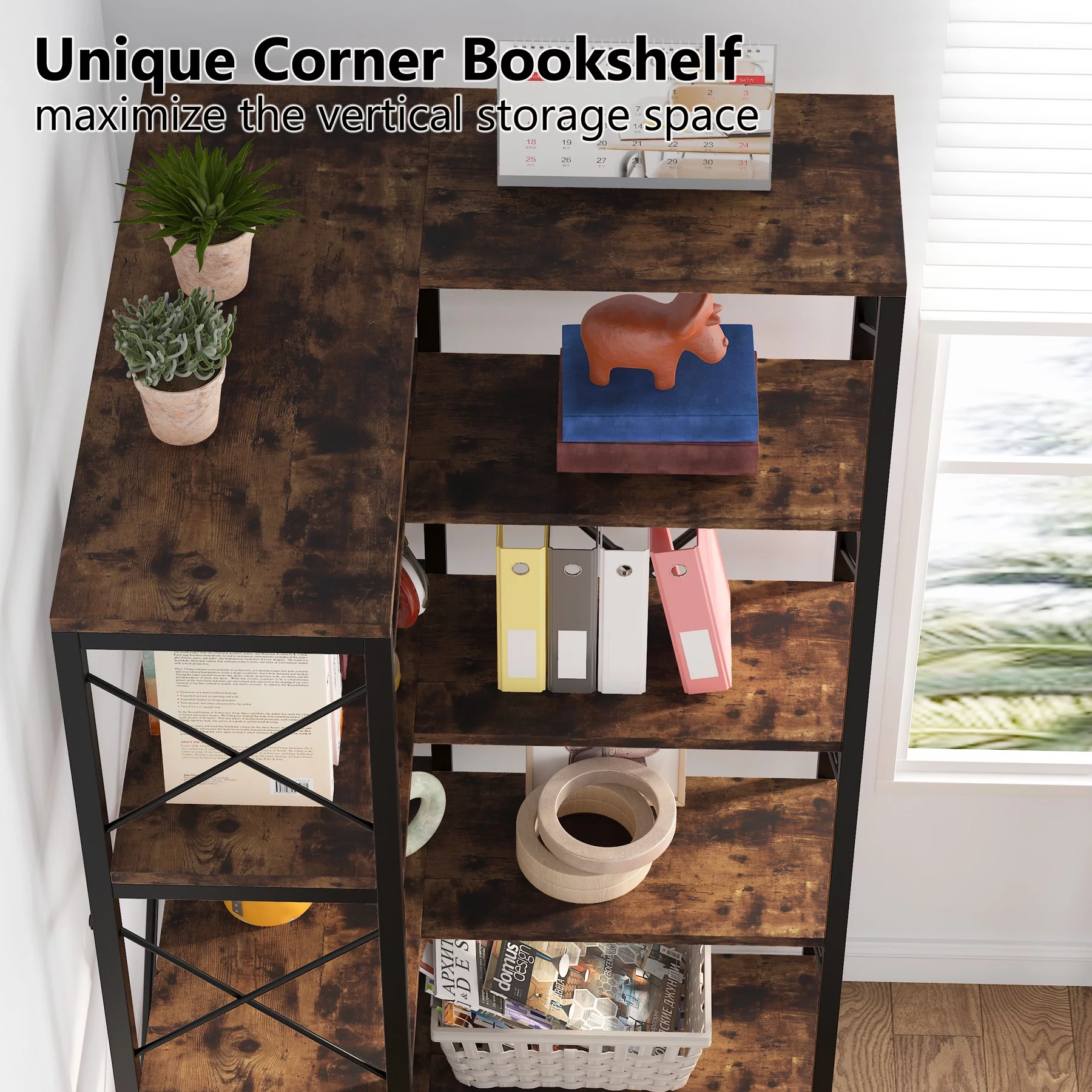 Tribesigns 5-Tier Bookshelf, Modern Corner Bookcase, Tall Corner Shelf Open Display Rack for Living Room Home Office, Rustic Brown
