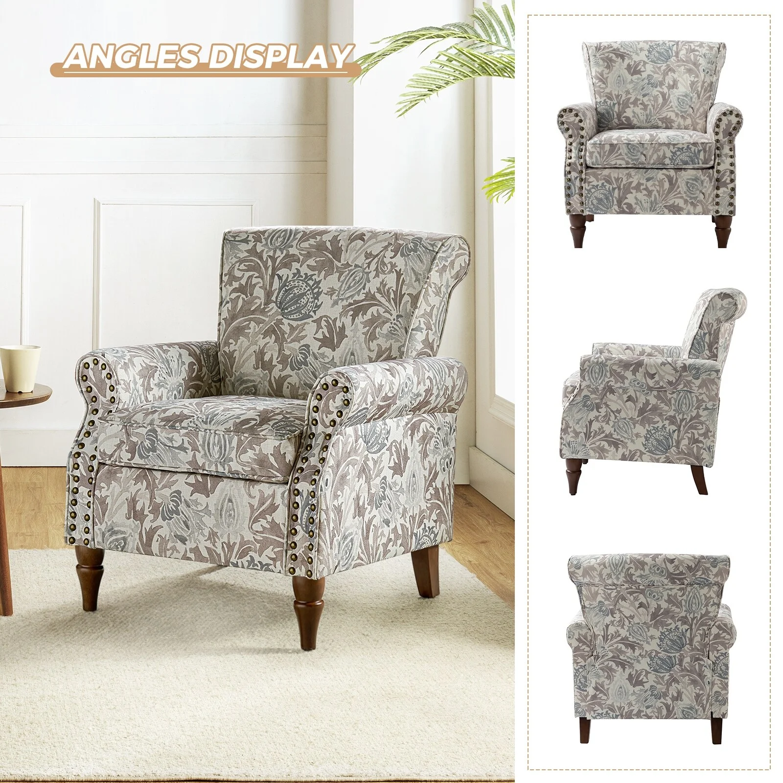 HULALA HOME Avelina Upholstered Accent Armchair Floral Pattern with Nailhead Rolled Arms Set of 2 Grey Floral Modern & Contemporary, Traditional