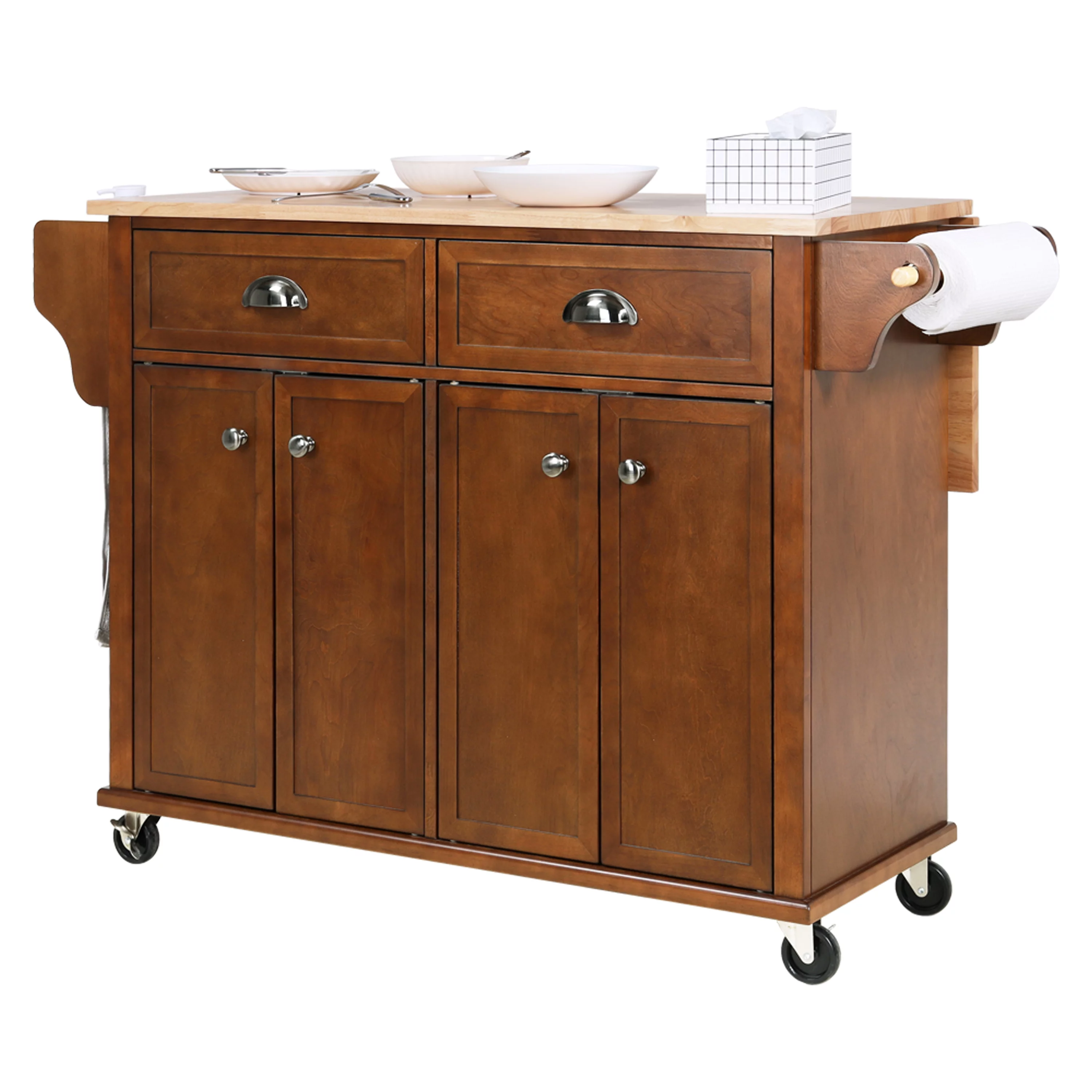 Rolling Kitchen Island Cart with Large Storage Cabinet on Wheels, Solid Rubberwood Countertop with Drop Leaf, Greenguard Gold Certified, 4-Droors