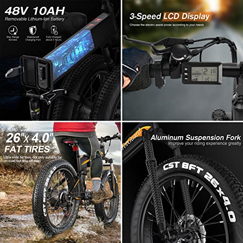 TotGuard Electric Bike,26" x4.0 Fat Tire Electric Bike with 975W Peak Motor,48V 10.4Ah Removable Battery, 21.6MPH Foldable Mountain Ebike