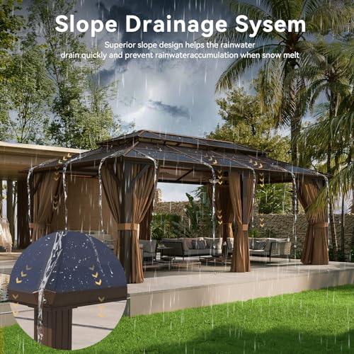Aoxun 12'x10' Hardtop Gazebo, Aluminum Frame Permanent Pavilion with Curtains and Netting, Outdoor Polycarbonate Double Roof Canopy
