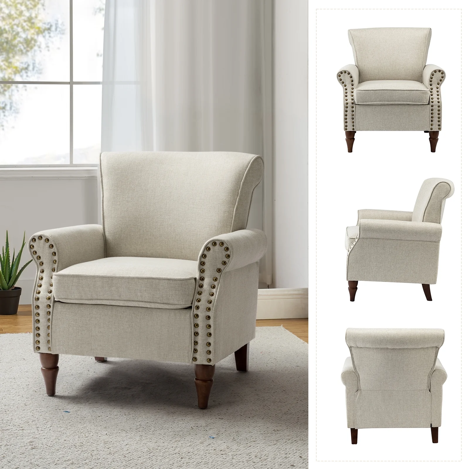 Traditional Armchair Turned Legs Accent Chair Nailhead Trim Home Living Room Bedroom Oatmeal