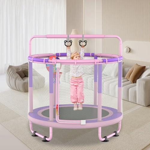 LANGXUN 60" Trampoline for Kids, 5ft Toddler Mini 6-in-1 Trampoline Indoor Outdoor with Swing, Basketball Hoop, Dart Board, Gymnastics Bar, Rings
