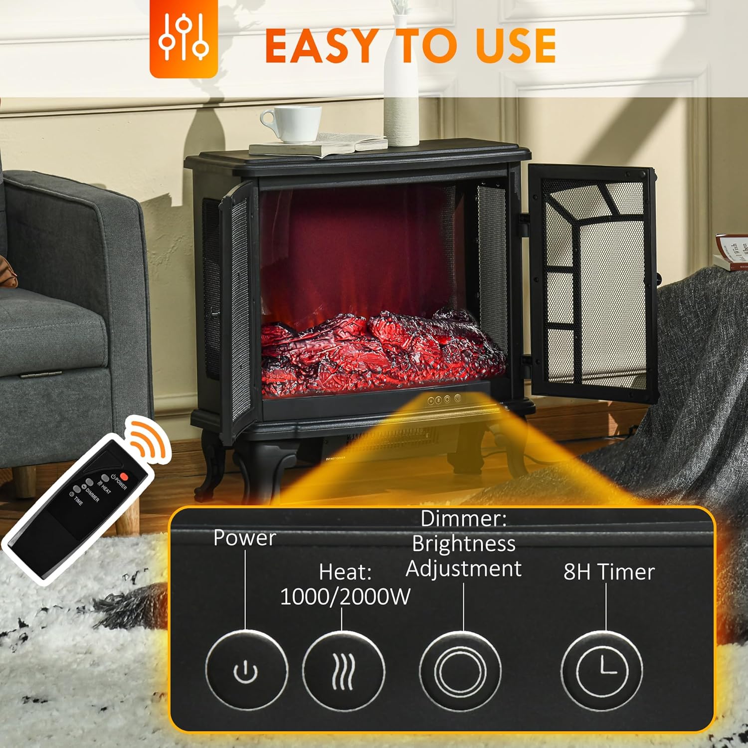 HOMCOM 27" Electric Fireplace Heater, Fireplace Stove with Realistic LED Flames and Logs, Remote Control and Overheating Protection, 750W/1500W, Black
