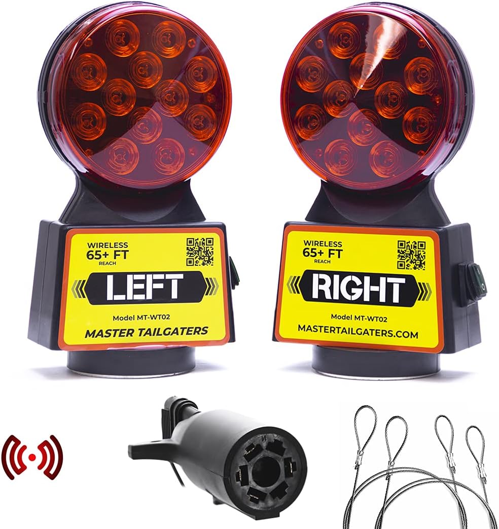 Master Tailgaters Wireless Trailer Tow Lights - Magnetic Mount - 48 Feet Range - 4 Pin Blade Connection + Safety Straps