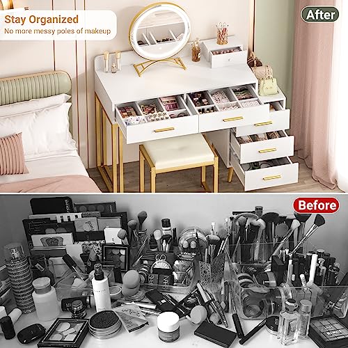 White Vanity Desk with Mirror and Lights, Modern Makeup Vanity Table Set with 6 Storage Drawers and Cushioned Stool for Bedroom