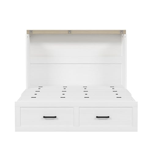 Queen Size Farmhouse Murphy Bed Cabinet with Charging Station, Foldable Platform Bed Frame with 2 Storage Drawers