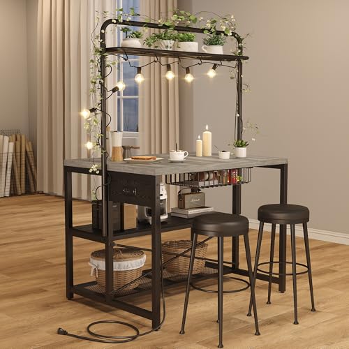 46" Large Kitchen Island Table Baker Rack with Power Outlet and 3-Tier Storage-Microwave Stand Oven Shelf, Metal Coffee Bar Table