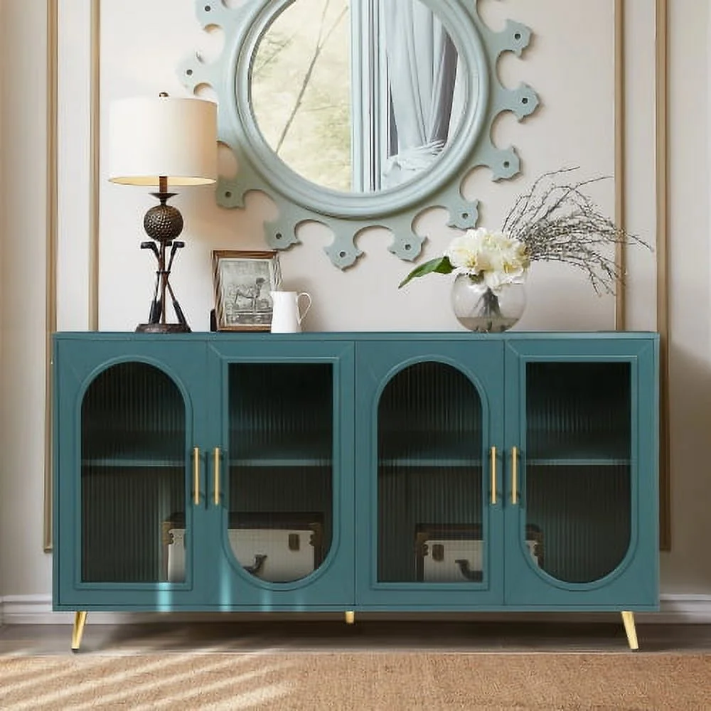 Motent Wood TV Stand with Storage Cabinet & Adjustable Shelves, TV Stand for 65+ Inch TV, Media TV Console for Living Room Bedroom, Antique Blue