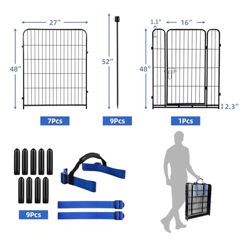 ADAVIN Tall Garden Fence with Gate, 48 in(H) 8 Panels Heavy Duty Iron Metal Animal Barrier Fence, Indoor Dog Playpen, Temporary Fencing