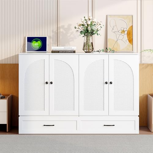 Harper & Bright Designs Queen Size Murphy Bed Cabinet Wall Bed Chest with USB, Charging Station and Large Storage Drawer for Home Office (White)