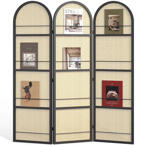 Room Divider and Folding Privacy Screens, Pine Wood 5.6 Ft Double Hinged Rattan Partition Freestanding Wall Room Divider for Home - 3 Panels
