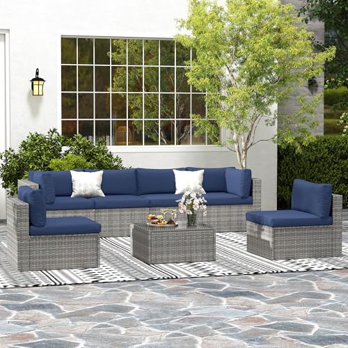 7 Pieces Outdoor Patio Furniture Sets with Glass Tea Table, PE Rattan Wicker Patio Conversation Set with Washable Cushions