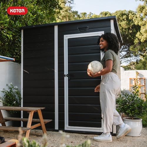 Keter Essential Shed 4x6 Resin Outdoor Storage Shed Ideal Storage for Patio Furniture, Garden Tools Bike Accessories, Beach Chairs and Lawn Mower