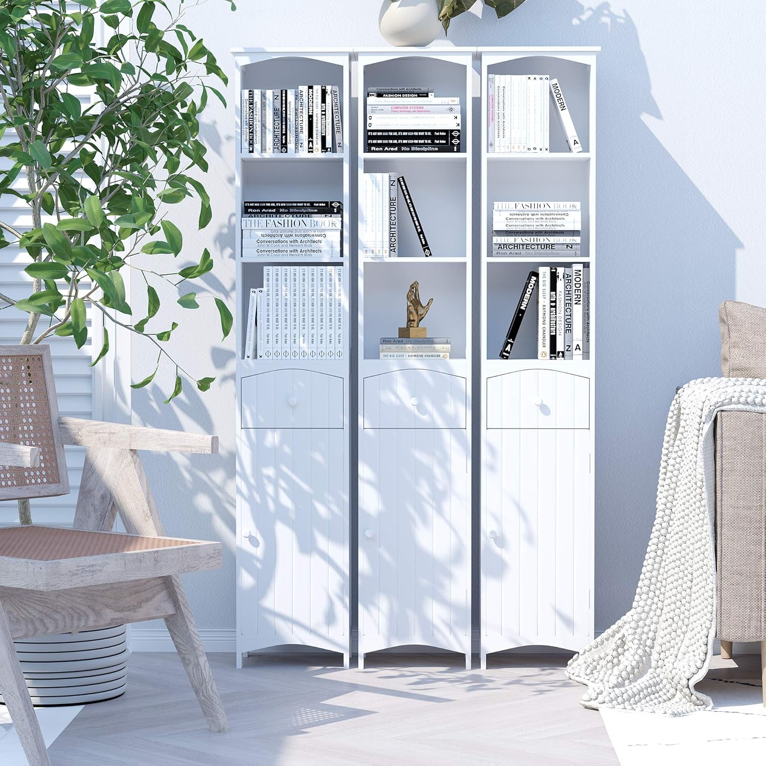 HOMCOM 67 Tall Bathroom Storage Cabinet, Freestanding Linen Tower with 3-Tier Shelf, Drawer and Cupboard, Narrow Side Floor Organizer, White