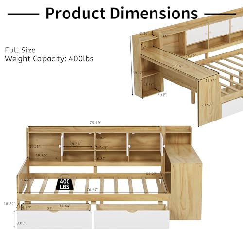 Corner Twin Bed Frame with Bookcase Storage and Desk, Wood Day Beds with 2 Drawers, Twin Size Daybed with Storage for Living Room