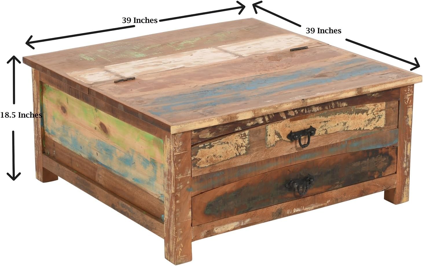 Sundara Furnishings Handcrafted Solid Reclaimed Wood Coffee Table with Two Drawers and Hidden Trunk Storage Rustic Square Center Table for Living