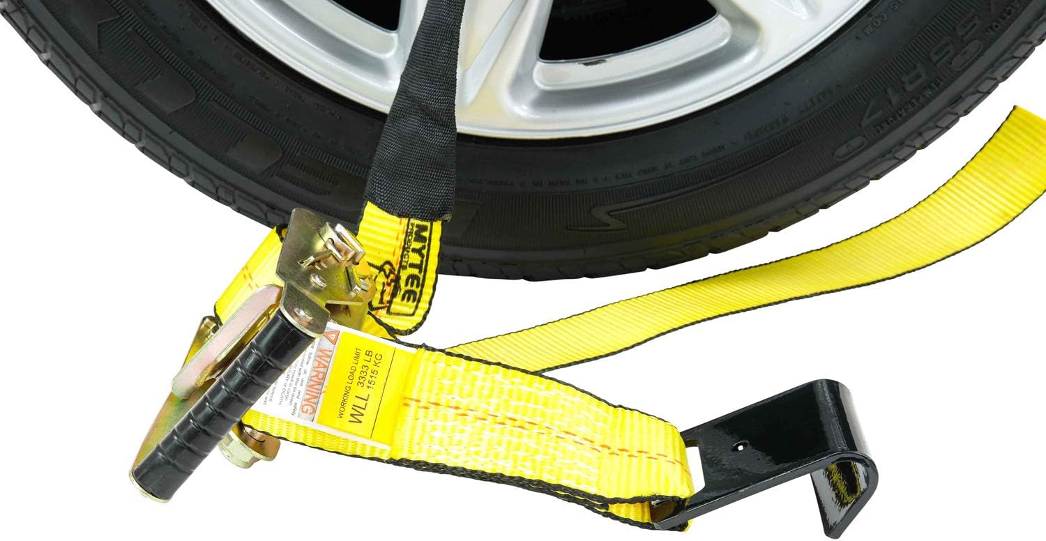 Mytee Products (4 Pack 2 x 14' Car Tie Down Lasso Ratchet Strap with Flat Hook - Tire Straps for Car Trailer - Wheel Straps for Hauling Cars