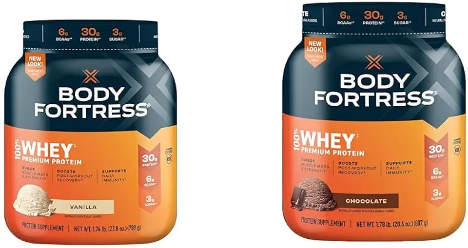 Body Fortress 100% Whey, Premium Protein Powder, Vanilla, 1.74lbs (Packaging May Vary) & 100% Whey, Premium Protein Powder, Chocolate