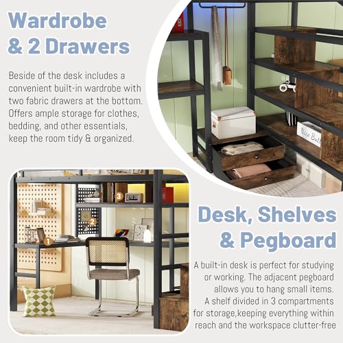 Queen Loft Bed with L-Shaped Desk and Stairs,Metal Queen Size LoftBed with Wardrobe and Adjustable Shelf, Gaming Bed with LED and USB