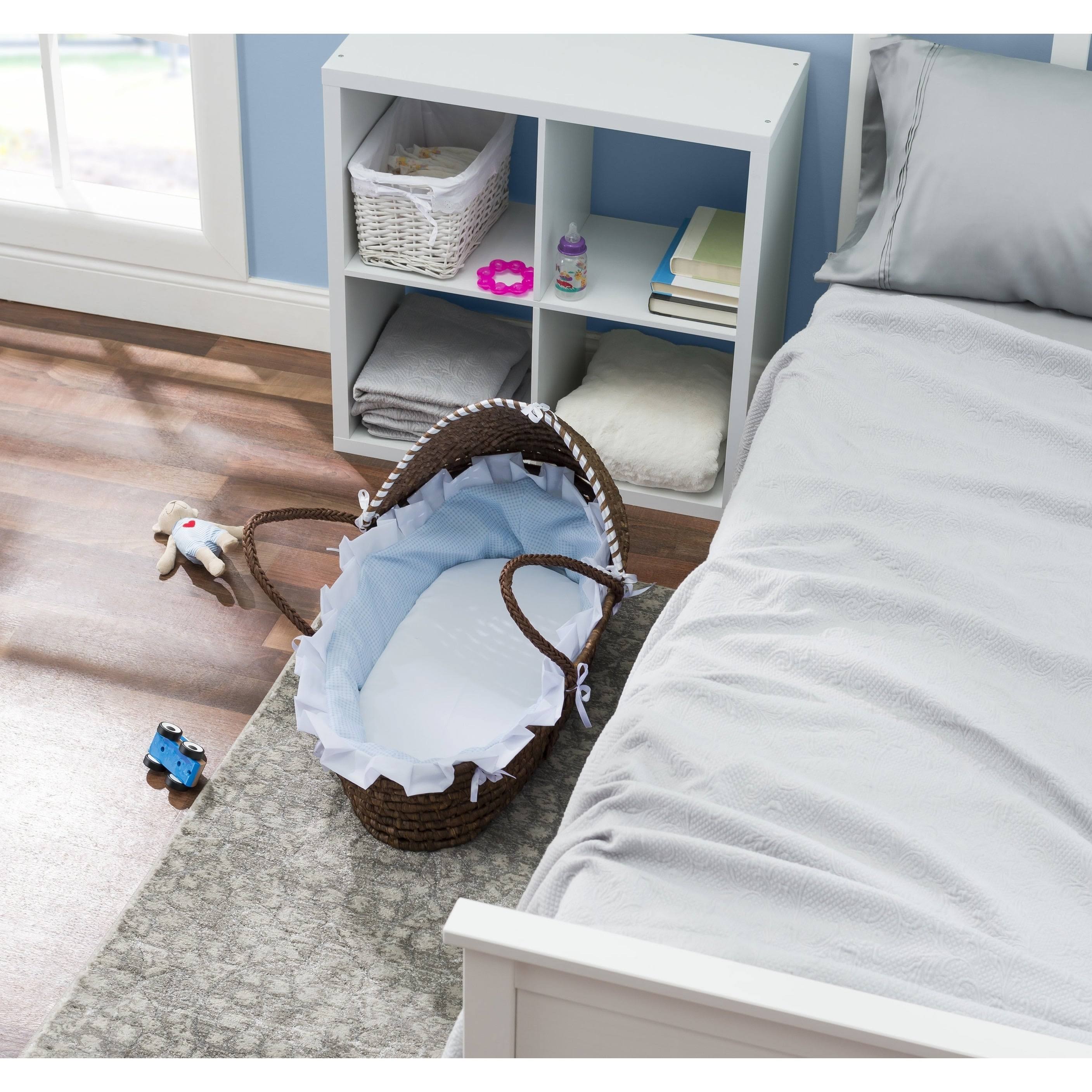 Badger Basket Espresso Moses Basket with Hood - Blue Gingham Bedding